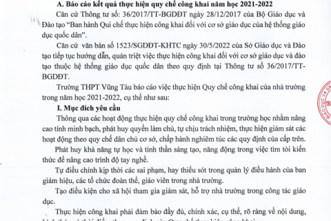 Báo cáo kết quả thực hiện quy chế công khai năm học 2021-2022 và Kế hoạch thực hiện Quy chế công khai năm học 2022-2023 theo Thông tư 36/2017