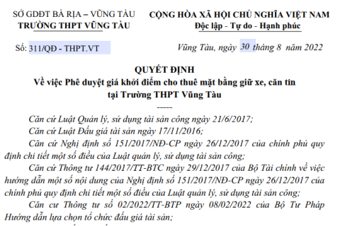Quyết định phê duyệt giá khởi điểm cho thuê mặt bằng nhà giữ xe học sinh và căn tin trường THPT Vũng Tàu. 