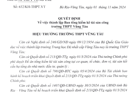 QUYẾT ĐỊNH VỀ VIỆC THÀNH LẬP BAN TỔNG KIỂM KÊ TÀI SẢN CÔNG TRƯỜNG THPT VŨNG TÀU