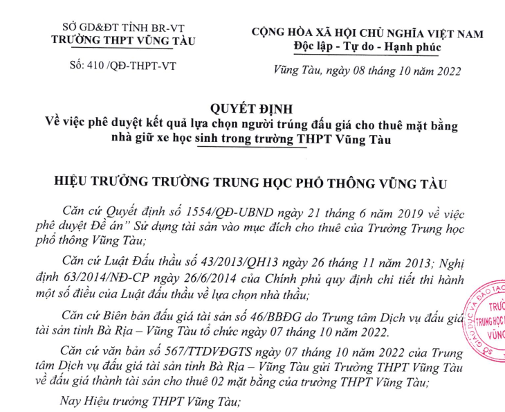 Quyết định phê duyệt kết quả lựa chọn người trúng đấu giá quyền thuê nhà giữ xe học sinh của trường THPT Vũng Tàu.