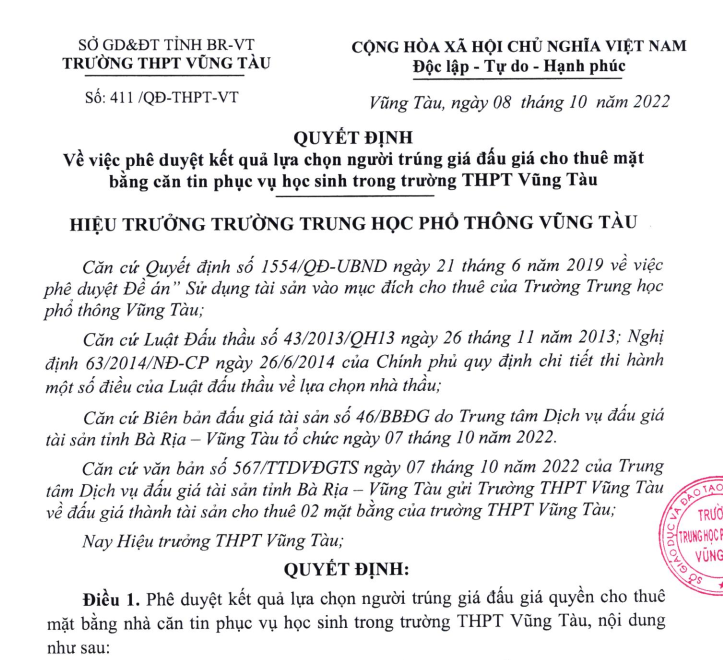 Quyết định phê duyệt kết quả lựa chọn người trúng đấu giá quyền thuê nhà căn tin của trường THPT Vũng Tàu.