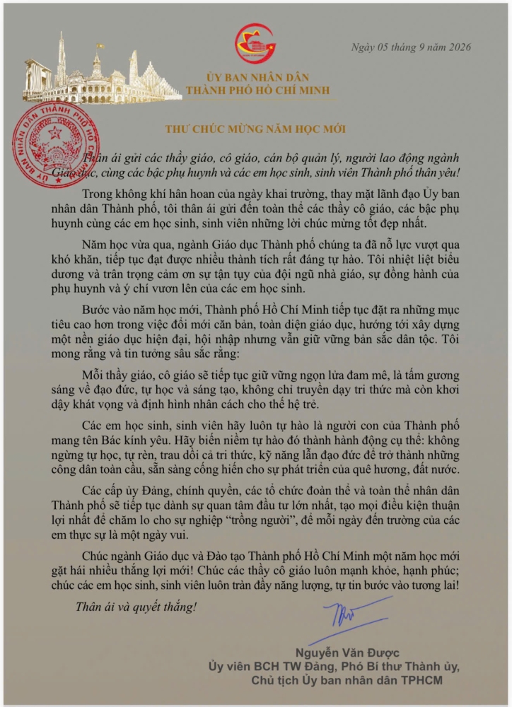 Thư chúc mừng năm học mới 2026–2027